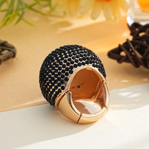Gold Snowball Rhinestone Cocktail Ring – Adjustable Stretch Sparkling Party Jewelry for Women, Elegant Costume Ring for Evening Wear, Wedding, Prom - color: black
