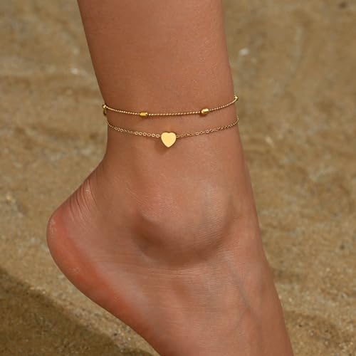Ankle Bracelets for Women 18K Gold Plated Dainty Layering Anklets for Women Layered Twisted Rope Coin Chain Anklet Bracelets Waterproof Beach Summer Foot Jewelry - color: Layered Bead Heart-Gold