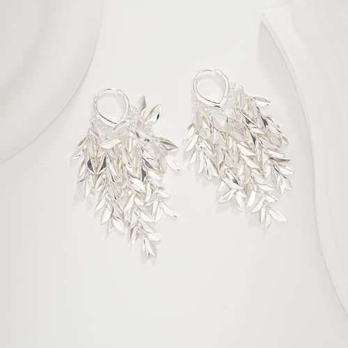 Sylph 14K 18K Gold Plated Chandelier Earrings for Women, Long Tassel Earring Huggie, Silver Leaf Dangle Drop Earrings, Dainty Bohemian Jewelry Gifts for Wedding Everyday Wear - color: A-Silver Chandelier Earrings