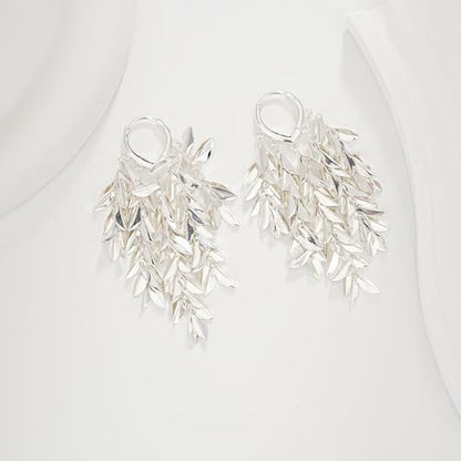 Sylph 14K 18K Gold Plated Chandelier Earrings for Women, Long Tassel Earring Huggie, Silver Leaf Dangle Drop Earrings, Dainty Bohemian Jewelry Gifts for Wedding Everyday Wear - color: A-Silver Chandelier Earrings