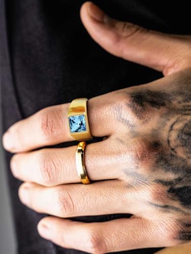 KeyStyle Square Gemstone Signet Rings for Men, Personalized Stainless Steel Pinky Ring with Black Onxy Blue Topaz Birthstone Statement Ring - color: Gold - Custom Stone - 8mm