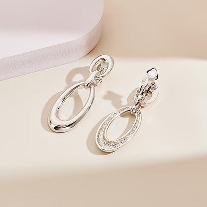 MUYAN Gold Clip On Drop Earrings for Women Non Piercing Dangle Earrings Fashion Jewelry - color: E Clip Silver
