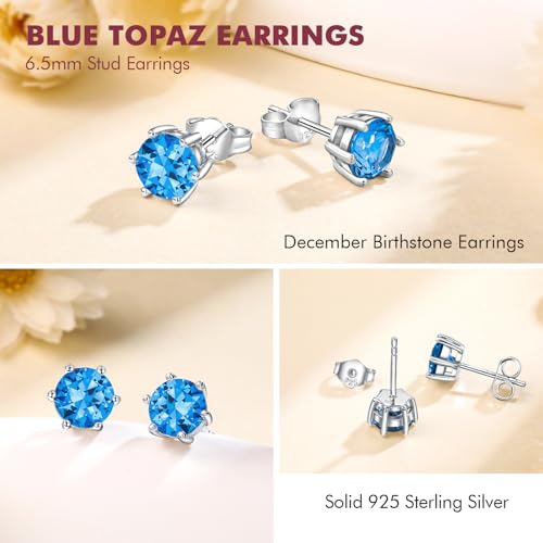 DAYBYDAY 925 Sterling Silver Birthstone Earrings for Women, Crystal Stud Earrings, 6.5mm Round Cut Solitaire Gemstone Earrings Birthday Jewelry - style: Round Cut-12. Dec/created blue topaz