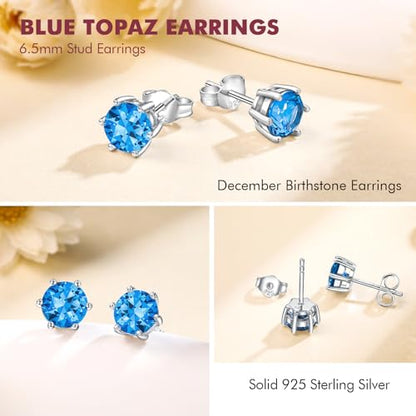 DAYBYDAY 925 Sterling Silver Birthstone Earrings for Women, Crystal Stud Earrings, 6.5mm Round Cut Solitaire Gemstone Earrings Birthday Jewelry - style: Round Cut-12. Dec/created blue topaz