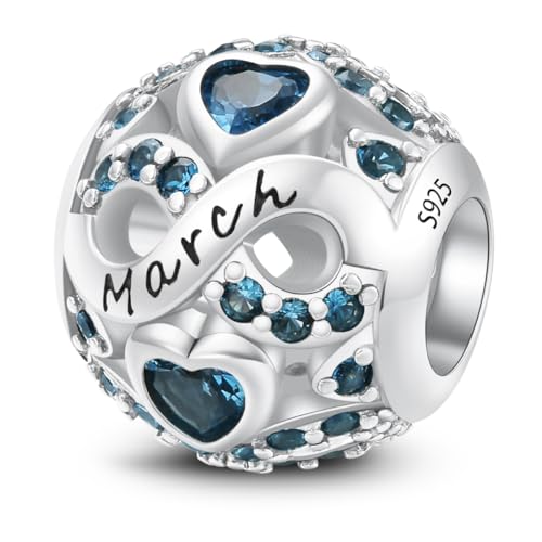 MICOO 925 Sterling Silver Jan-Dec Birthstone Charms For Bracelets and Necklaces, Original DIY Bead Charms With Cubic Zirconias Jewelry Birthday Gifts For Women. - color: 3-March Birthstone charm