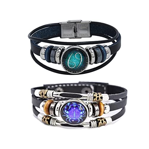 2Pcs Multilayer Constellation Zodiac Leather Bracelet Handmade Woven Zodiac Sign Wrap Bracelet Wristband for Women Men Jewelry Birthday Gift - color: G:Cancer(6/22 - 7/22)