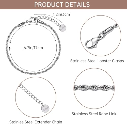 UMAOKANG 10 Pack Stainless Steel Rope Chain Bracelets for Jewelry Making | Adjustable Silver Hand Chains Bracelet Bulk Permanent Jewelry Supplies - color: 10pcs Rope Steel
