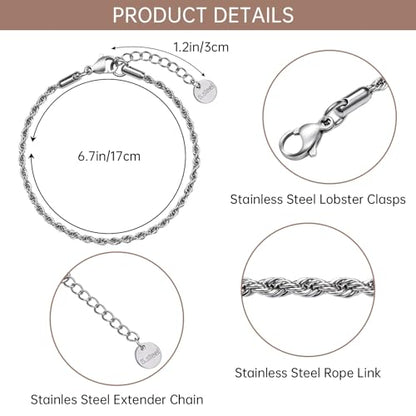UMAOKANG 10 Pack Stainless Steel Rope Chain Bracelets for Jewelry Making | Adjustable Silver Hand Chains Bracelet Bulk Permanent Jewelry Supplies - color: 10pcs Rope Steel