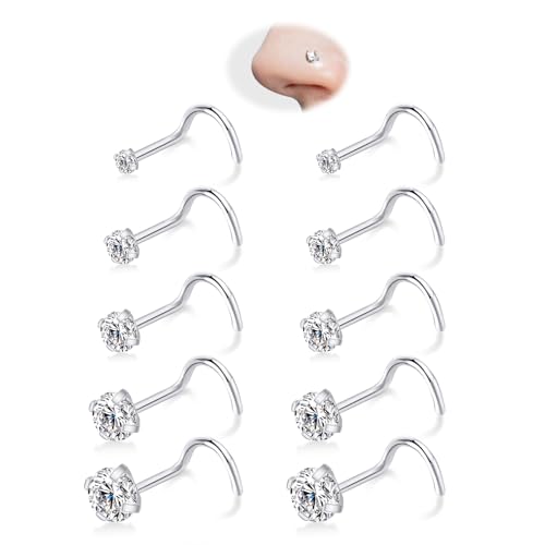 Nose Rings Studs - 5 Pairs 20G Gold/Silver Nose Screw Rings for Women Men 316L Surgical Stainless Steel Hypoallergenic Corkscrew Nose Studs 1.5mm 2mm 2.5mm 3mm 4mm Clear CZ Piercing Jewelry - color: Silver 1.5mm/2mm/2.5mm/3mm/4mm