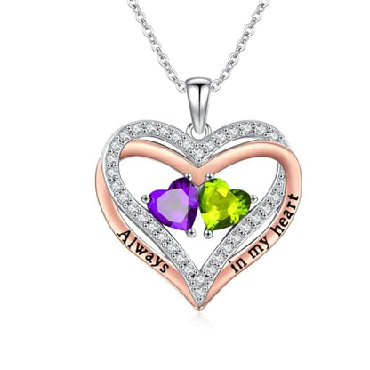 Heart Birthstone Necklace for Women 14K Rose Gold/White Gold Filled Overlapping Double Hearts Pendant Anniversary Valentine's Day Birthday Mother's Day Christmas Gifts for Wife Mom Daughter Her - color: 02-08-Feb-Aug Birthstone-A, style: Double-Layered Lo