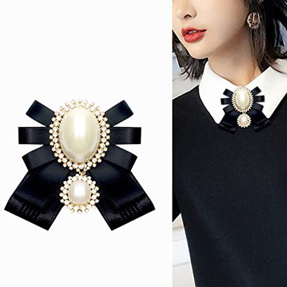 FASELE Bow Brooch Pre-Tied Neck Tie Pearl Brooch Pin Striped Bow Tie for Women Wedding Party Bow Tie - color: Black/Pin