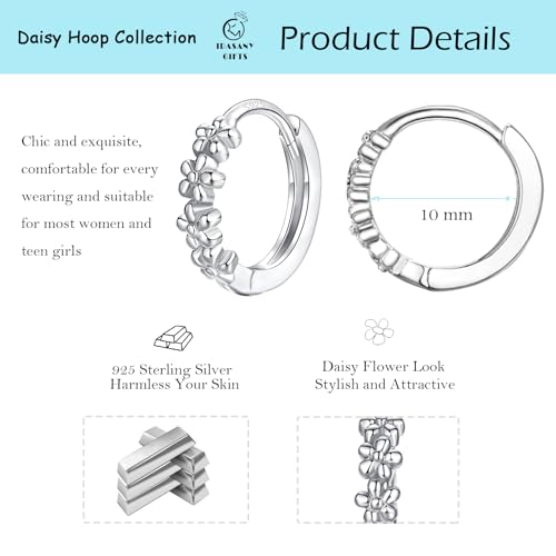 Sterling Silver Hoop Earrings for Women, Dainty Small Huggie Hoop Earrings | Hypoallergenic Daisy Color Cubic Zirconia Flower Hoops Earring Jewellery Gifts for Ladies Birthday Wedding, 12mm Hoop - color: Silver