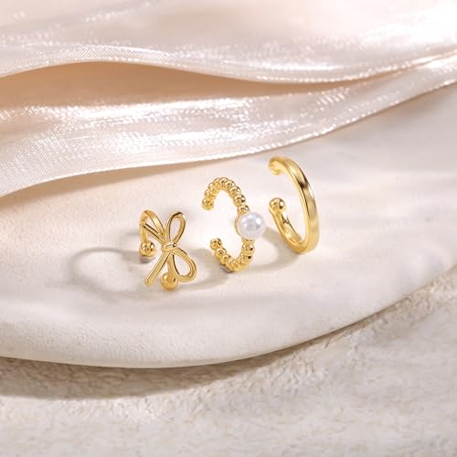 14K Gold Plated Ear Cuff Earrings for Women, Dainty Ear Cuffs Clip on Earrings Non Piercing Trendy Cubic Zirconia Cartilage Hoop Earring Fashion Jewelry Sets for Women - color: 3PCS/Pearl