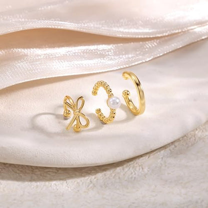 14K Gold Plated Ear Cuff Earrings for Women, Dainty Ear Cuffs Clip on Earrings Non Piercing Trendy Cubic Zirconia Cartilage Hoop Earring Fashion Jewelry Sets for Women - color: 3PCS/Pearl
