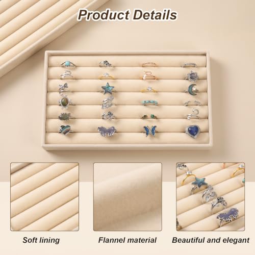 8 Pcs Velvet Jewelry Trays 7 Slot Ring Tray for Drawer Mini Earring Display | Stackable Ring Board Case,Small Stud Earring Holder,Inserts Bracelet Necklace Storage Trays for Women, 8.3x4.8x1"(Beige)