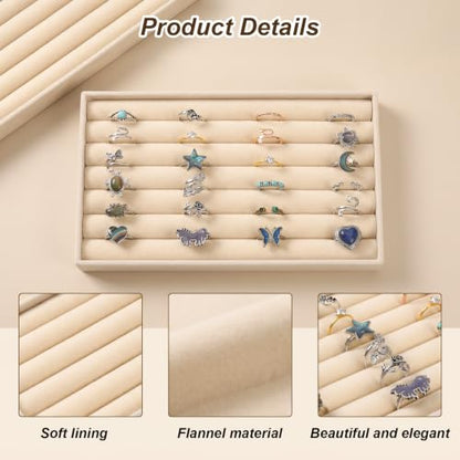8 Pcs Velvet Jewelry Trays 7 Slot Ring Tray for Drawer Mini Earring Display | Stackable Ring Board Case,Small Stud Earring Holder,Inserts Bracelet Necklace Storage Trays for Women, 8.3x4.8x1"(Beige)
