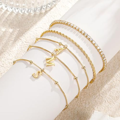 Gold Bracelets for Women Girls - Dainty Gold/Silver Bracelet Stack Jewelry Set Personalized Initial Bracelets Cute Stackable Rope Box Chain Tennis Bracelets Gifts for Women Teen Girl Gifts - color: K-Gold