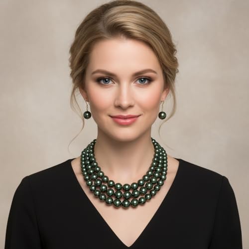 Fashion 21 Women's Faux Pearl Three Multi-Strand Statement Necklace and Earrings Set - color: Dark Olive Green