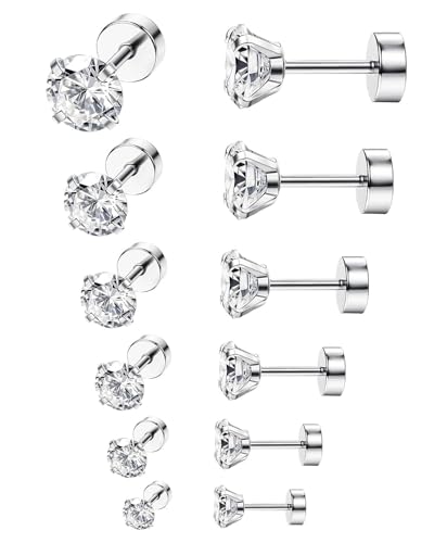 ORAZIO 6Pairs Hypoallergenic Flat Back Earrings 316L Stainless Steel Studs for Sensitive Ears, 3-8mm Cubic Zirconia, Stylish Jewelry for Women Men - Silver - color: Silver Plated