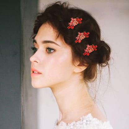 Bridal Crystal Hair Piece with Comb 3 Pieces Small Rhinestone Wedding Gold Hair Pins Accessories for Women Girls (Red) - color: Red