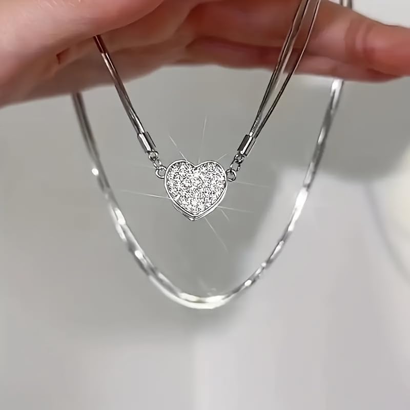 1 Pc, Silver Tone Layered Necklace, CZ Crystal Heart Pendant & Snake Chain, Dainty Shiny Style Jewelry (Silver)