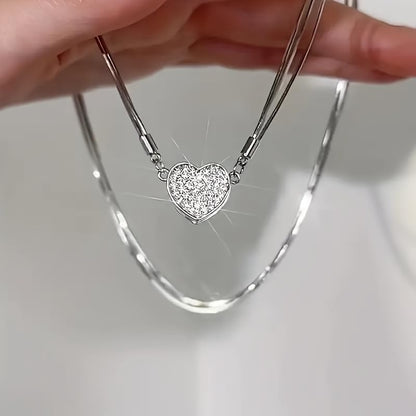1 Pc, Silver Tone Layered Necklace, CZ Crystal Heart Pendant & Snake Chain, Dainty Shiny Style Jewelry (Silver)
