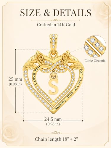 14K Gold Initial Letter Rose Heart Pendant Necklace for Women, Anniversary Birthday Jewelry Gifts for Wife Mom Grandma Sister Daughter, I Love You for Always And Forever - style: 14K Gold-S