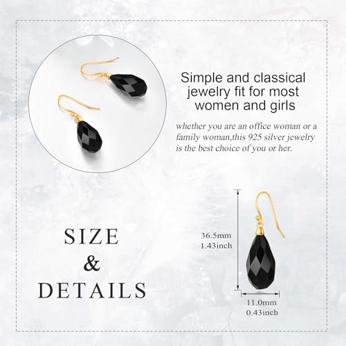 Sterling Silver Black Onyx Earrings for Women 18K Yellow Gold Plated Jewelry Gifts - style: Rhombus Teardrop