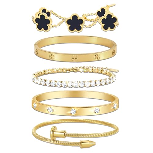 18K Gold Plated Love Bangle Bracelet Stack for Women, Adjustable Clover Bracelet & CZ Tennis Chain Set, Stackable Layered Jewelry, Fade Resistant, Long-Lasting Luster for Daily Wear & Gift - color: 5Pcs Gold Black