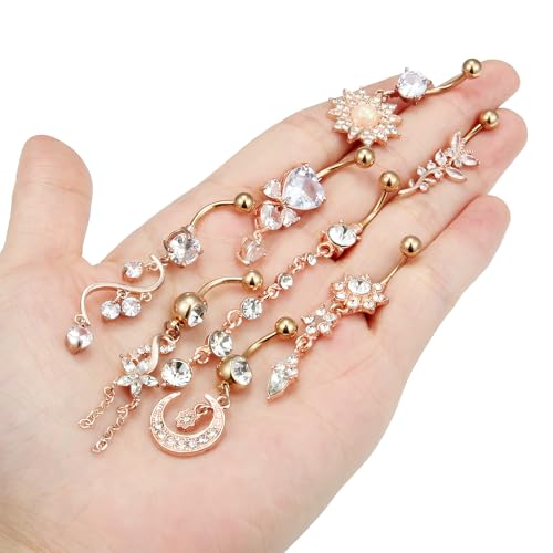 Vsnnsns 14G Dangle Belly Button Ring Piercing Jewelry 316L Stainless Surgical Steel Navel Rings Cubic Zirconia Heart Flower CZ Dangling Belly Button Ring Piercing Jewelry for Women 14 Gauge - color: Rose Gold Tone B