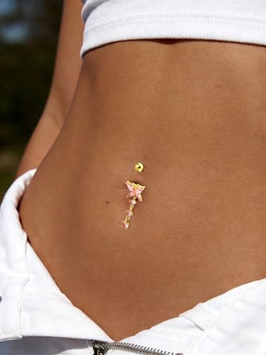 Dangle Belly Button Ring Surgical Stainless Steel Dangly Belly Rings for Women Dangling Heart Bow Butterfly Navel Belly Piercing Jewelry 14G - color: Gold Tone Pink CZ