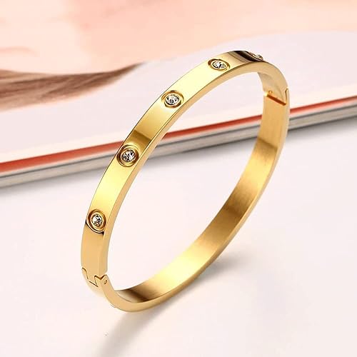 VQYSKO Love Friendship Bracelet Bangle Gold Rose Gold Silver with Cubic Zirconia Stones Stainless Steel Hinged Jewelry with Crystal Oval Bracelet Birthday Present for Her Women Teen Girls - style: Yellow Gold