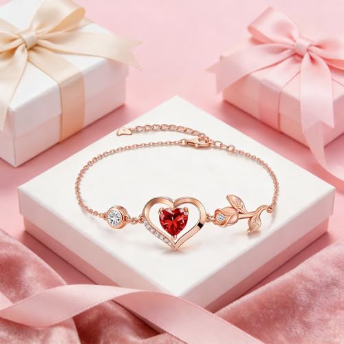 1CT Rose Heart Birthstone Bracelet for Women Love Gift - style: 01/07-Jan/July Ruby Rose Gold