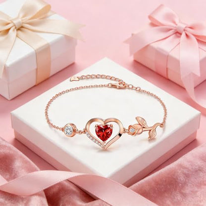 1CT Rose Heart Birthstone Bracelet for Women Love Gift - style: 01/07-Jan/July Ruby Rose Gold