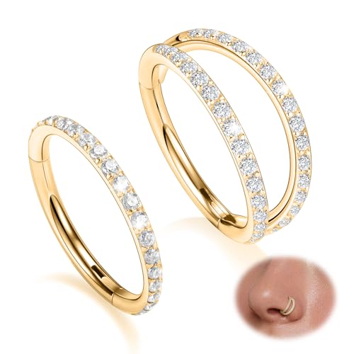 GAGABODY 2 Pcs Nose Rings 22G 20G 18G 16G 14G 12G 10G 8G Surgical Steel Piercing Rings for Nose Septum Cartilage Helix Tragus Conch Rook Daith Lobe from 5mm to 16mm Seamless Hoop Unisex Hinged Earrings - color: Gold-Single CZ+Double CZ