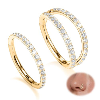 GAGABODY 2 Pcs Nose Rings 22G 20G 18G 16G 14G 12G 10G 8G Surgical Steel Piercing Rings for Nose Septum Cartilage Helix Tragus Conch Rook Daith Lobe from 5mm to 16mm Seamless Hoop Unisex Hinged Earrings - color: Gold-Single CZ+Double CZ