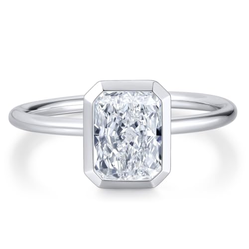 Radiant Cut Moissanite Engagement Ring for Women, Bezel Set Solitaire Ring | D Color VVS1 925 Sterling Silver 14K Gold Plated Wedding Ring, Available in 2CT 3CT 5CT, Diamond Alternative Promise Jewelry - style: 01 - White Gold - 2CT Radiant Moissanite
