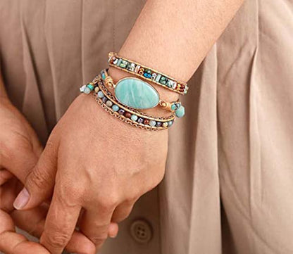 Women Wrap Bracelet Boho Natural Jasper Crystal Stone Beads Strand Bracelets - color: Style 16-Amazonite