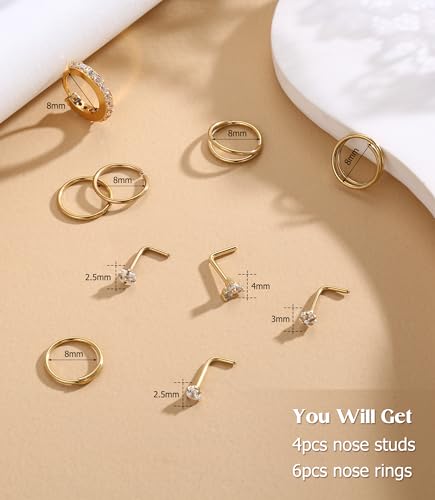 MILACOLATO 14K Gold Filled Nose Ring Studs 20G Nose Ring Hoops Hypoallergenic 316L Surgical Stainless Steel Nose Rings L Shaped CZ Nose Nostril Piercing Jewelry for Women Men 10Pcs - color: 14K GF