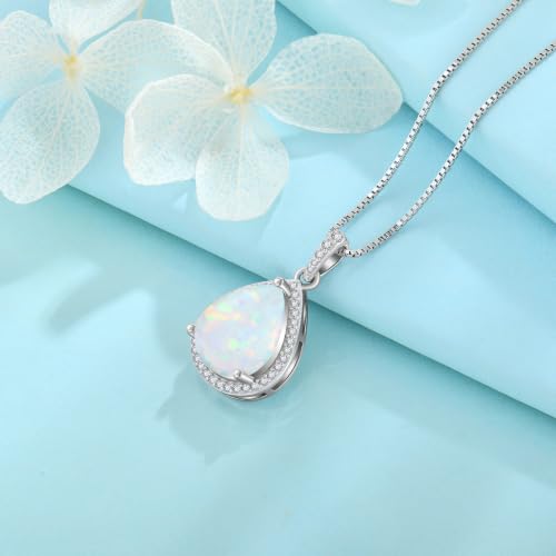 FJ Teardrop Pendant Necklace 925 Sterling Silver Birthstone Jewelry for Women - color: 10 October-Opal