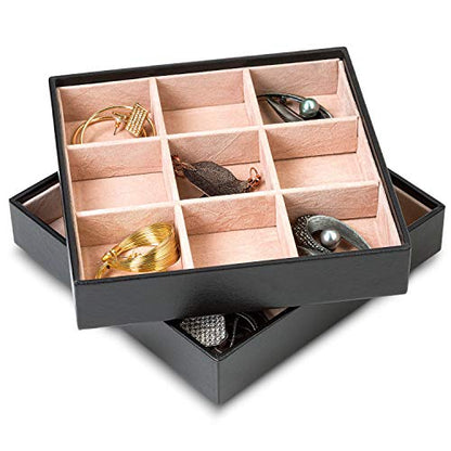 Glenor Co Jewelry Organizer Tray - Set of 2 - Stackable 18 Slots Jewelry Storage Trays - Display on Dresser or Drawer - Compatible with Other Trays - Black - size: Square - 9 Slot x 2