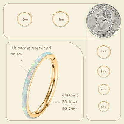 AROWRO Nose Rings Hoops with Opal Hinged Nose Rings for Women Surgical Steel Septum Rings 16G 18G 20G Conch Helix Daith Piercing Jewelry Diameter 6mm-12mm - color: Gold&White Opal, size: 18G(1.0mm)-6mm