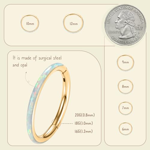 AROWRO Nose Rings Hoops with Opal Hinged Nose Rings for Women Surgical Steel Septum Rings 16G 18G 20G Conch Helix Daith Piercing Jewelry Diameter 6mm-12mm - color: Gold&White Opal, size: 16G(1.2mm)-12mm
