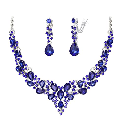 Wedding Statement Necklace Clip-on Earrings Jewelry Set | Sparkling Austrian Crystal Teardrop Cluster for Party Prom Accessories - color: 04-Blue Silver-Tone