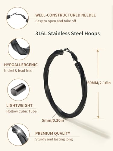 FindChic Twisted Hoop Earrings for Women, Silver/Black/14K Gold Plated Hypoallergenic Hollow Tube Rounded Loop Earrings, 30mm/40mm/60mm/80mm Hoops with Custom Name Options and Gift Box - color: a.Black, size: 60MM