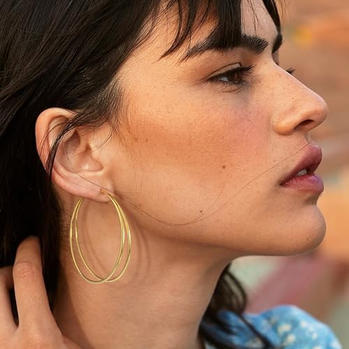 Large Thin Double Hoop Earrings for Women Lightweight Hypoallergenic 925 Sterling Silver Post 14K Gold Hoops Non Tarnish Sturdy Big Thin Double Layered Hoop Earrings 30/40/50/60mm - color: Gold, size: 50mm