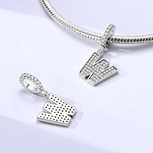 Hapour Letter 925 Sterling Silver Charm with Cubic Zirconia Alphabet A-Z Initial Dangle Charms Beads Pendent DIY Jewelry for Bracelets Necklace - color: W