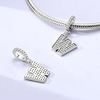 Hapour Letter 925 Sterling Silver Charm with Cubic Zirconia Alphabet A-Z Initial Dangle Charms Beads Pendent DIY Jewelry for Bracelets Necklace - color: W