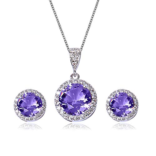 AMYJANE Halo Crystal Jewelry Set - Sterling Silver Round Cubic Zirconia Crystal Bridal Pendant Necklace Earrings Set for Wedding Bride Bridesmaids - color: Amethyst