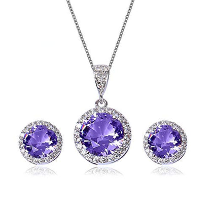 AMYJANE Halo Crystal Jewelry Set - Sterling Silver Round Cubic Zirconia Crystal Bridal Pendant Necklace Earrings Set for Wedding Bride Bridesmaids - color: Amethyst